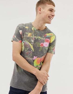Solid – T-shirt med tropiskt fågelmönster-Svart
