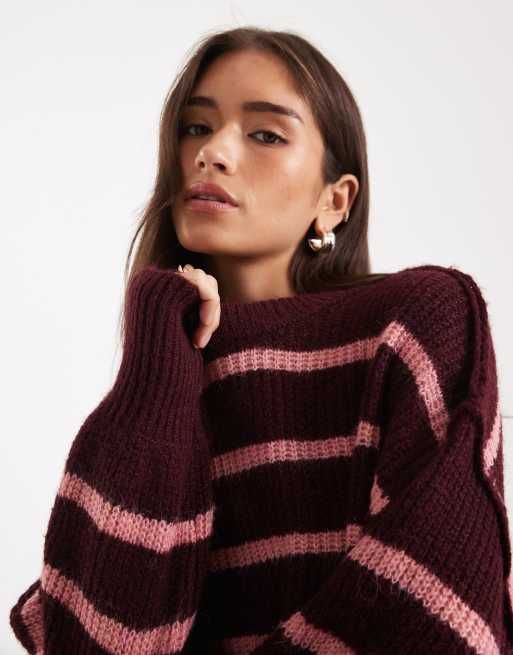 solo maglione oversize morbido a righe bordeaux e rosa, 3 di 4