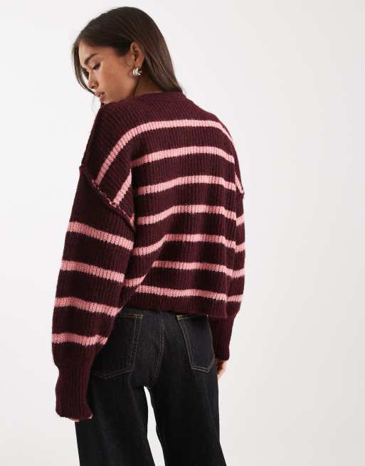 solo maglione oversize morbido a righe bordeaux e rosa, 4 di 4