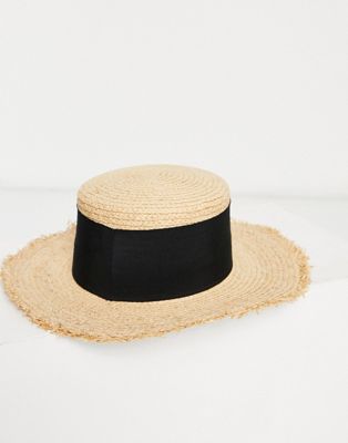 фото Соломенная шляпа с короткими полями, необработанным краем, широкой лентой и регулятором размера asos design-коричневый цвет
