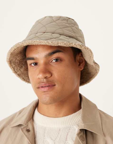 Sombrero de pescador beis reversible con diseño acolchado y de borreguito de ASOS DESIGN - view 1