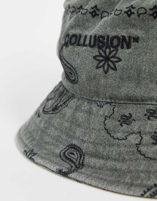 Sombrero de pescador con lavado gris carbón y estampado de bandana de COLLUSION Unisex, 3 de 4