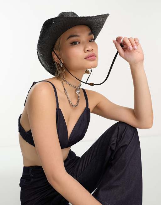 Sombrero de vaquero negro de paja con detalle ajustable de ASOS DESIGN