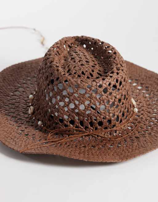 Sombrero marrón chocolate estilo cowboy de paja con ribete de concha de South Beach , 3 de 3