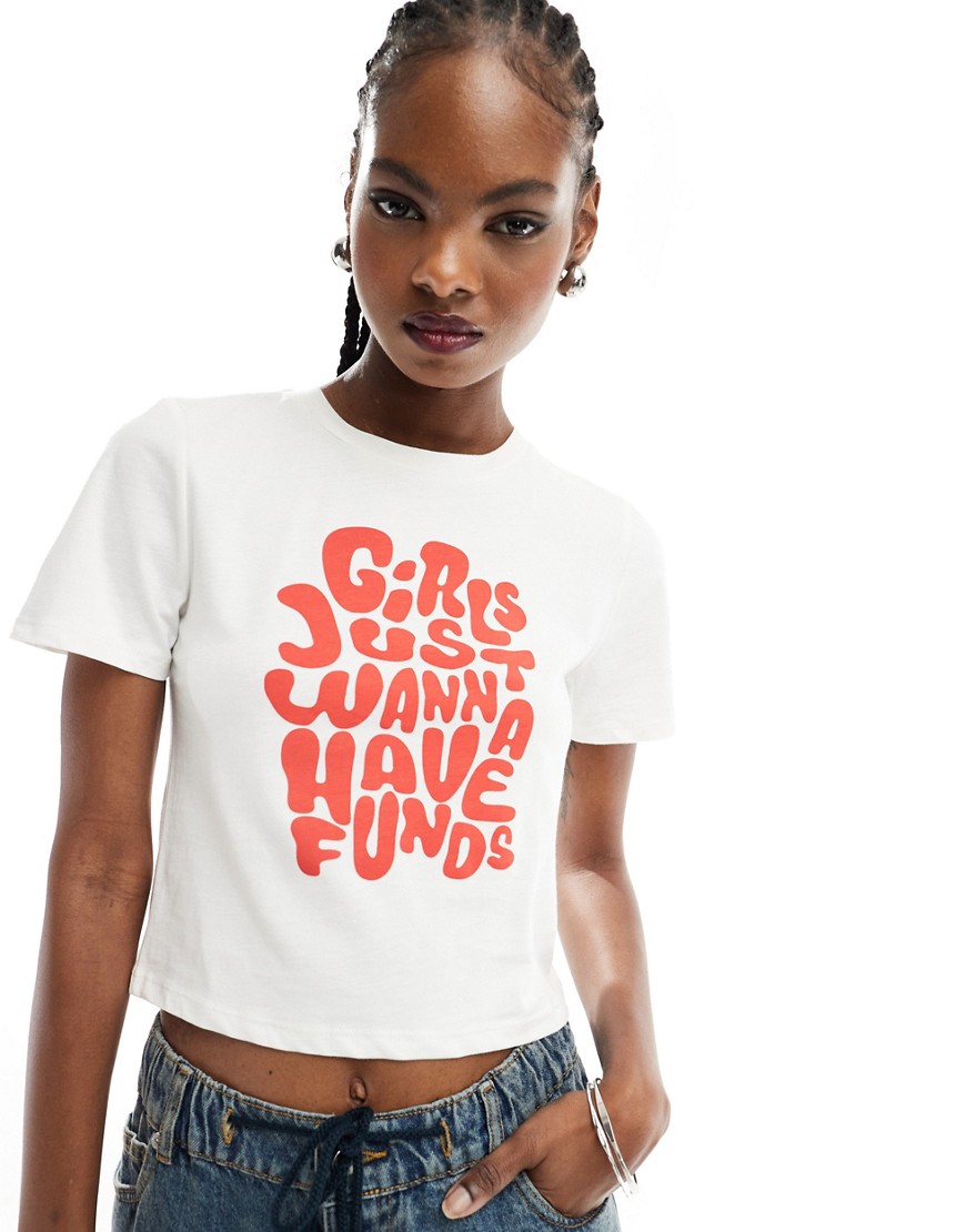 Something New baby tee with ’Girls Just Wanna Have Funds’ print in white