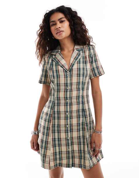 Something New button through mini shirt dress in navy and beige check - view 1
