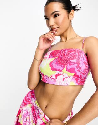 Shop Something New Cami Crop Top In Neon Rose Print - Part Of A Set-multi