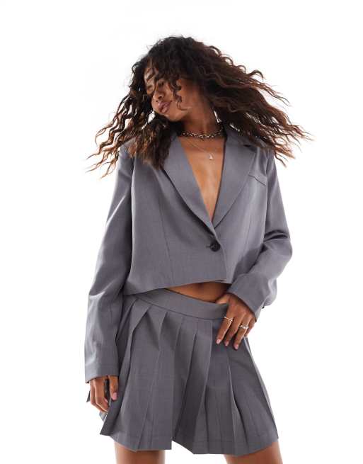Something New Corpcore cropped oversized blazer and pleated mini skirt set in grey ASOS