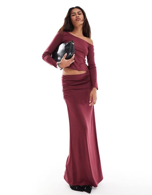 Something New Corpcore heavyweight jersey ruched side maxi skirt and long sleeve top set in fired brick red