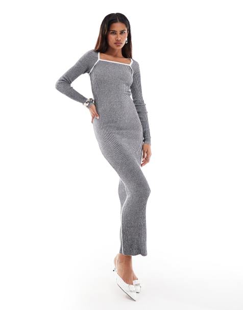 Something New Corpcore ribbed long sleeve maxi dress with contrast stitch in washed grey