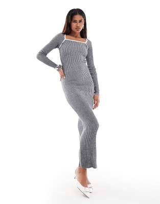 Something New Something New Corpcore ribbed long sleeve maxi dress with contrast stitch in washed grey