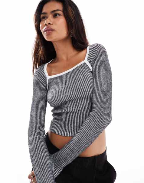 Something New Corpcore ribbed long sleeve top with contrast stitch in washed grey - view 1