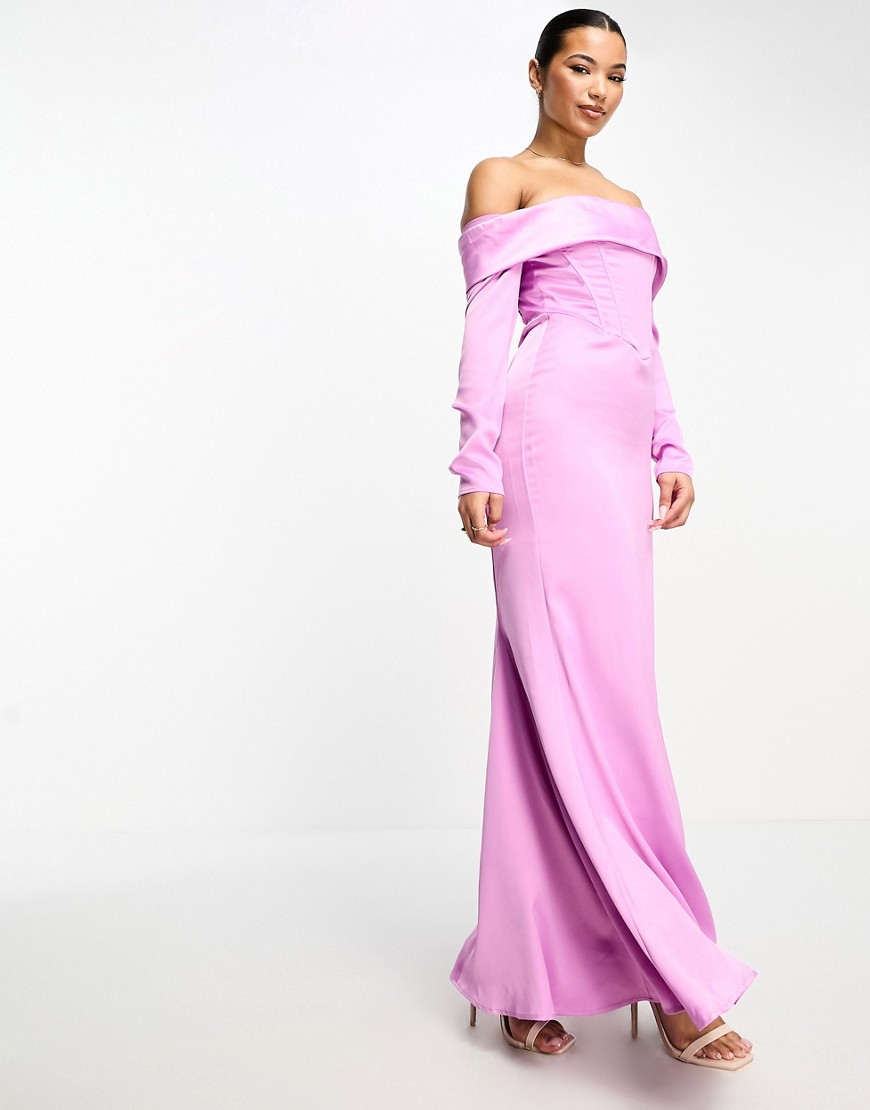 Something New corsetted off the shoulder maxi dress in purple satin