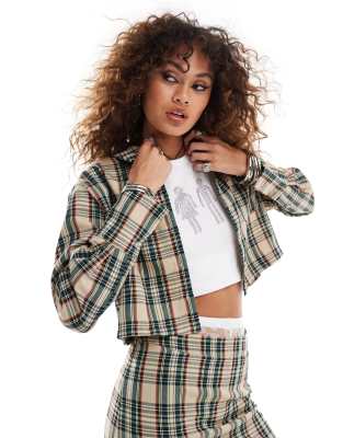 Something New Something New cropped oversized shirt co-ord in navy and beige check