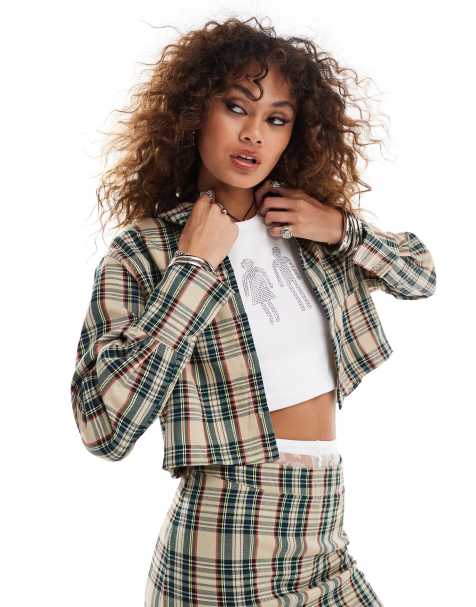 Something New cropped oversized shirt in navy and beige check (part of a set) - view 1