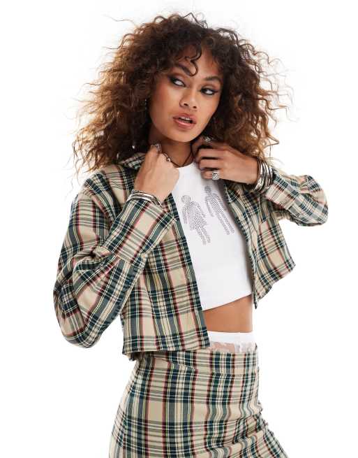 Something New cropped oversized shirt in navy and beige check (part of a set)