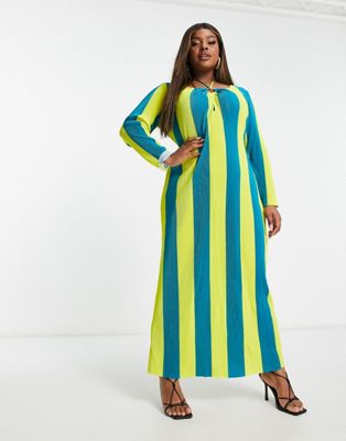 maxi dress in blue and yellow stripe-Multi