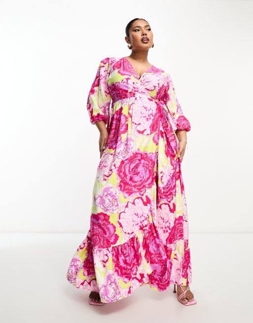 Something New Curve – Maxi-Wickelkleid mit Rosen-Print in Neonfarbe