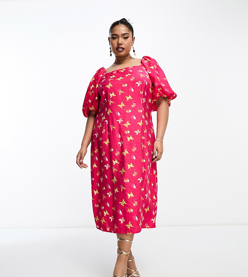 Something New Curve puff sleeve midi dress in pink butterfly print