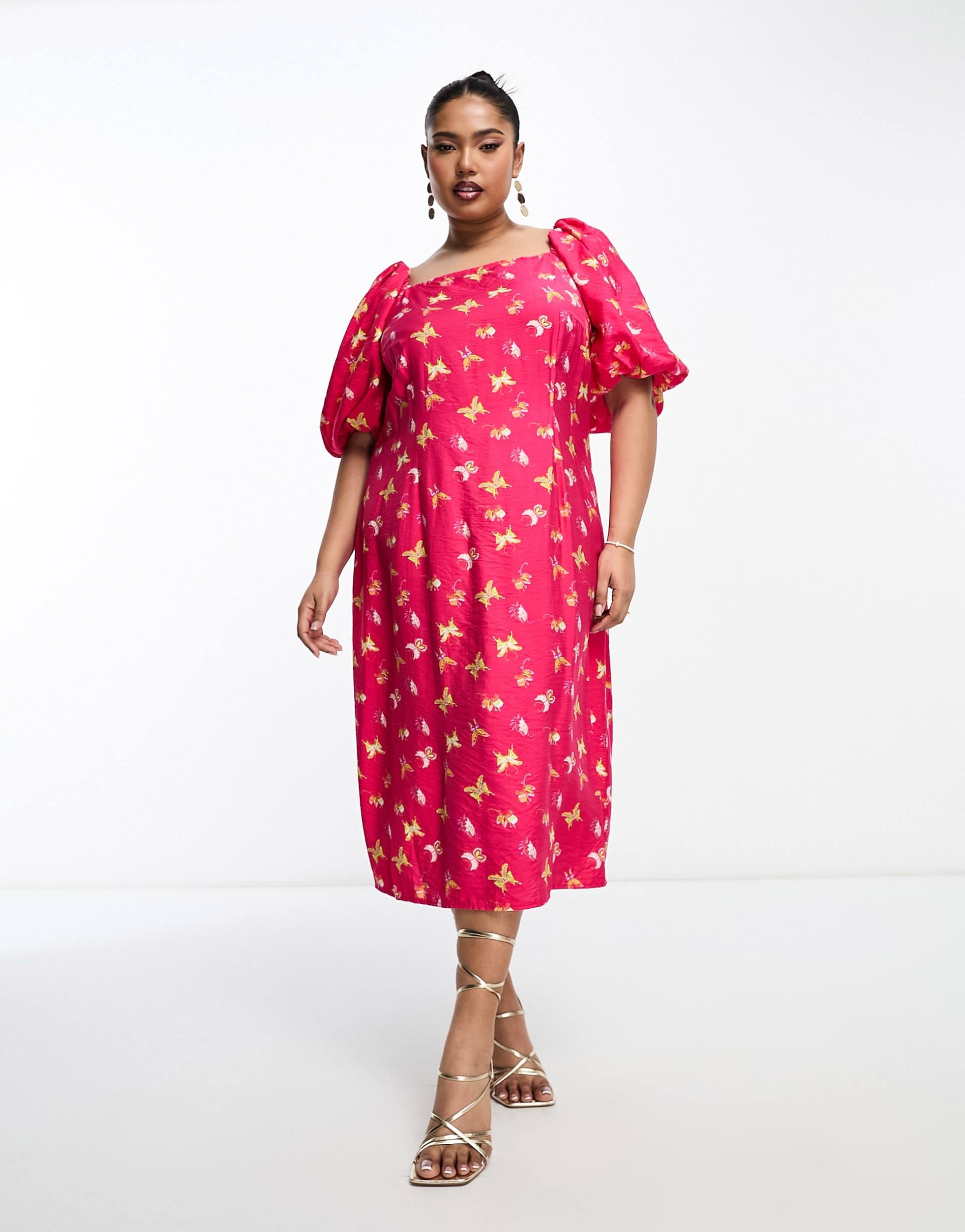 something new curve puff sleeve midi dress in pink butterfly print