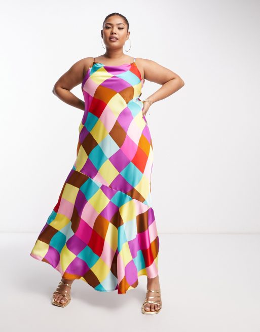 Something New Curve - Vestito sottoveste in raso con stampa a quadri multicolore