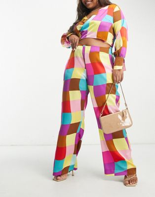 Something New Curve wide leg trouser co-ord in multi check print