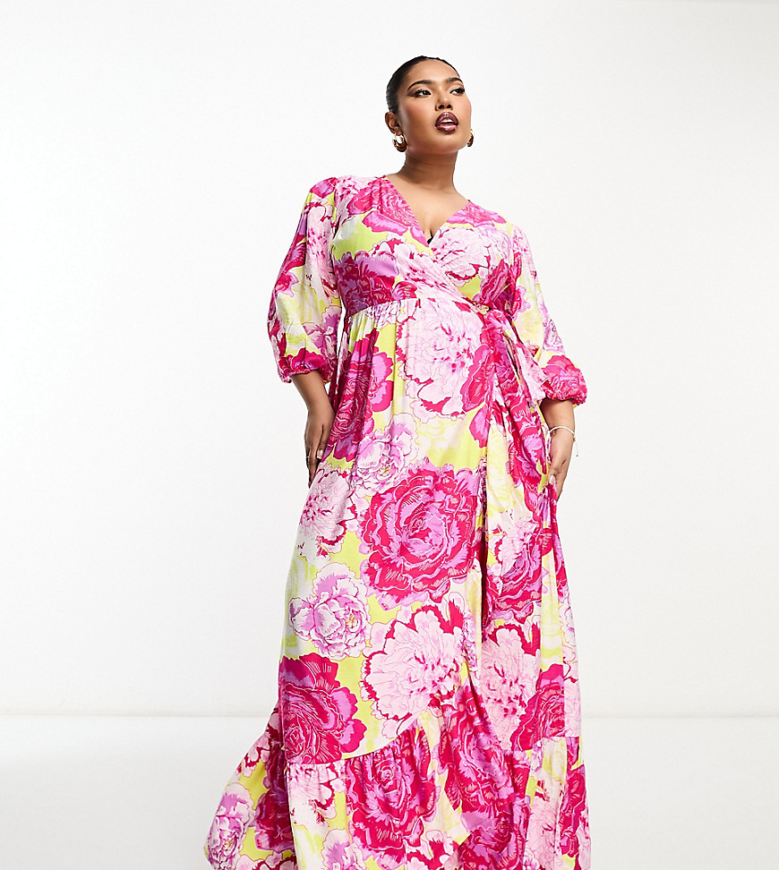 Something New Curve wrap maxi dress in neon rose print-Multi