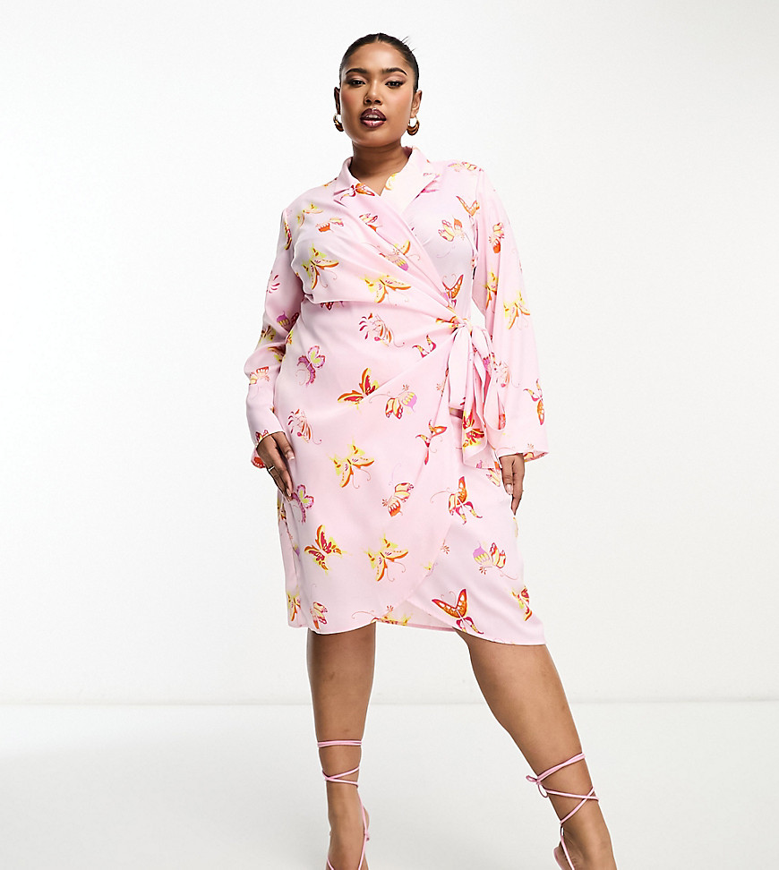 Something New Curve wrap mini dress in candyfloss pink satin butterfly print