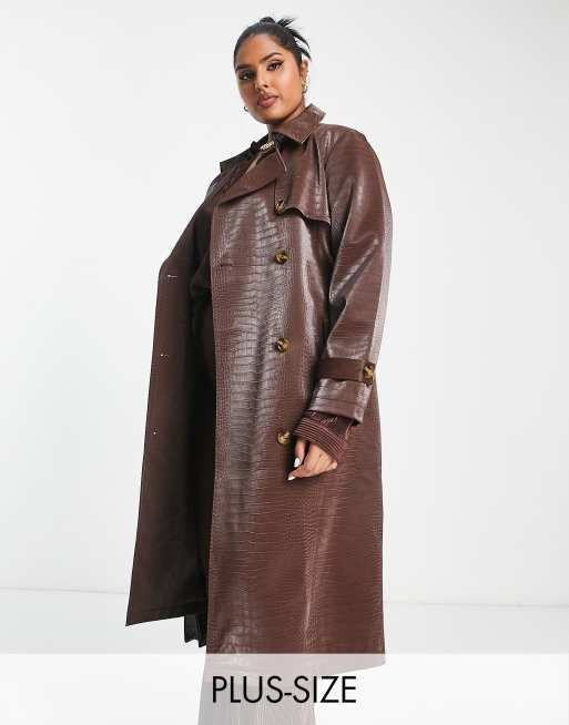 Faux Leather Croc Print Oversized Trench Coat