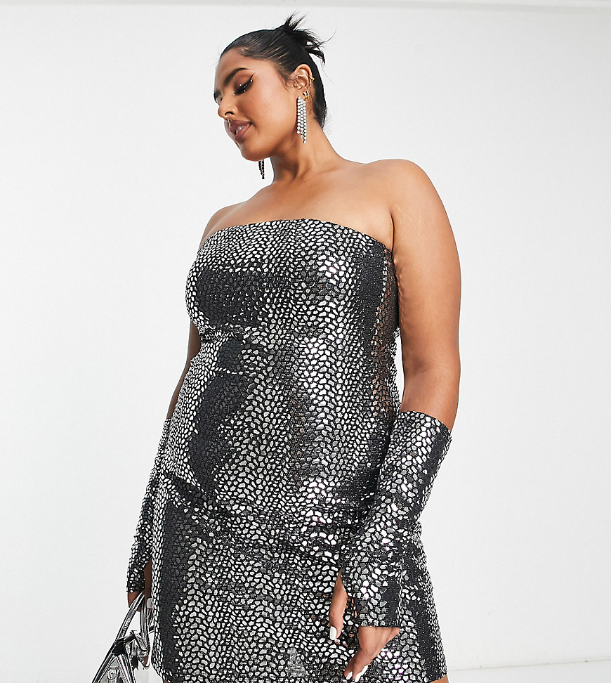 Something New Curve x Emilia Silberg exclusive metallic tube mini dress with matching gloves in silver