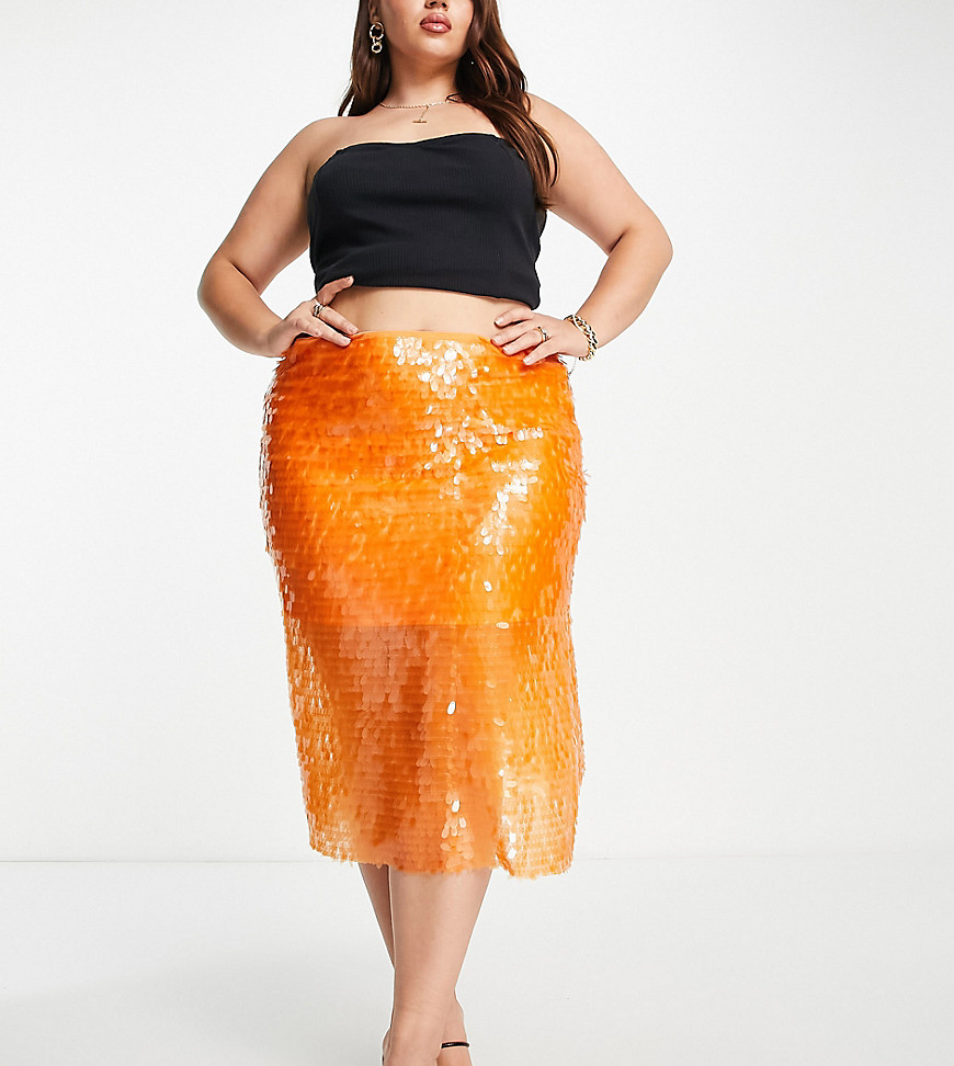 Something New Curve x Emilia Silberg exclusive sequin midi skirt in orange
