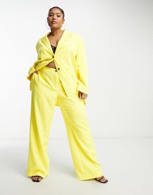Something New Curve X Madeleine Pedersen tailored wide leg trousers co-ord in neon yellow - ASOS Price Checker