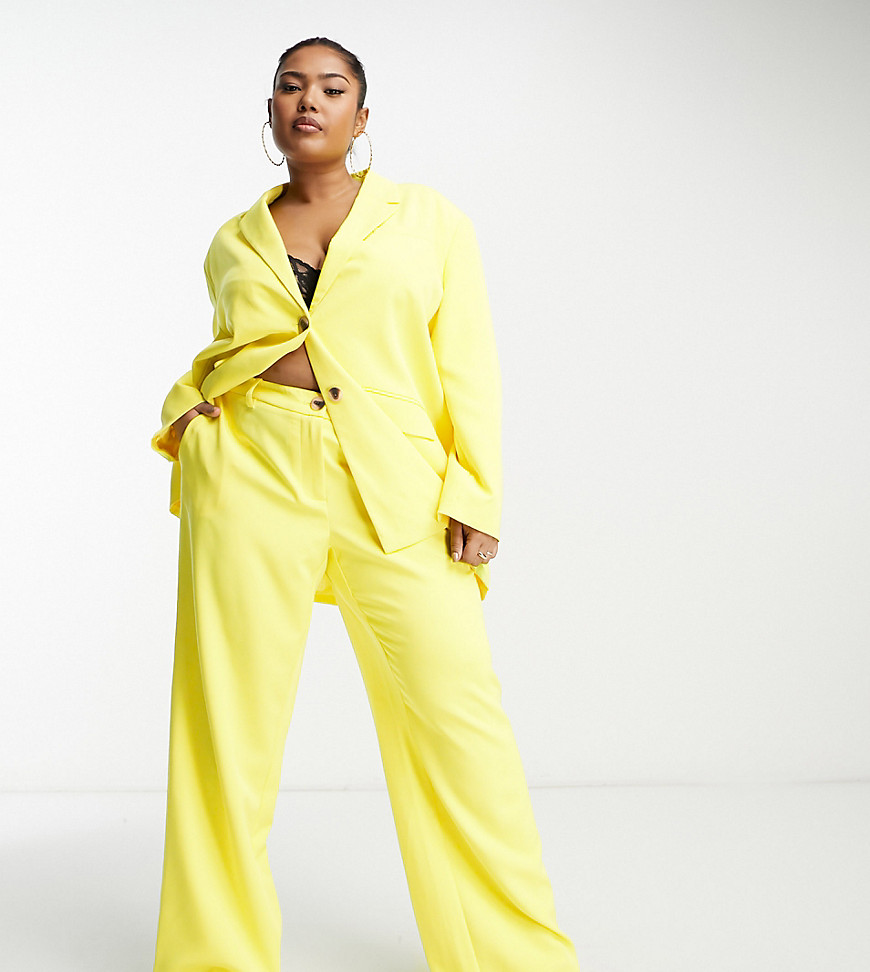 Something New Curve X Madeleine Pedersen tailored wide leg trousers co-ord in neon yellow