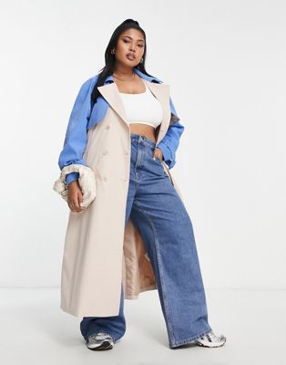 Something New Curve X Madeleine Pedersen colour block mix trench coat in cream and blue - ASOS Price Checker