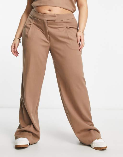 Something New Curve x Naomi Anwer tailored wide leg pants in beige (part of a set)