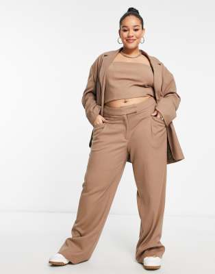 Something New Curve x Naomi Anwer tailored wide leg pants in beige (part of  a set)