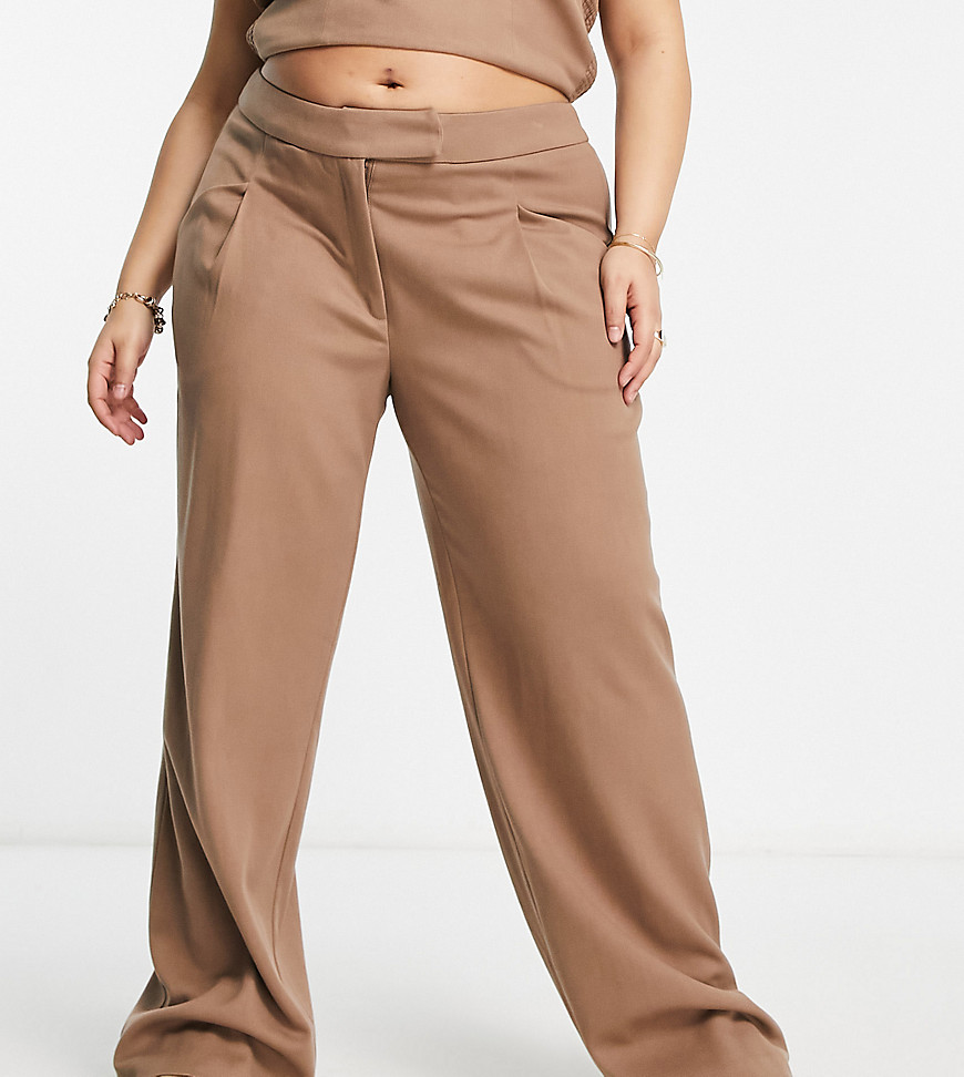 Something New Curve X Naomi Anwer tailored wide leg trouser co-ord in beige-Neutral