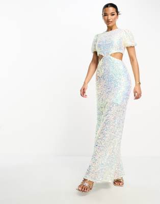 Something New Something New cut out sequin maxi dress with puff sleeves in iridescent white