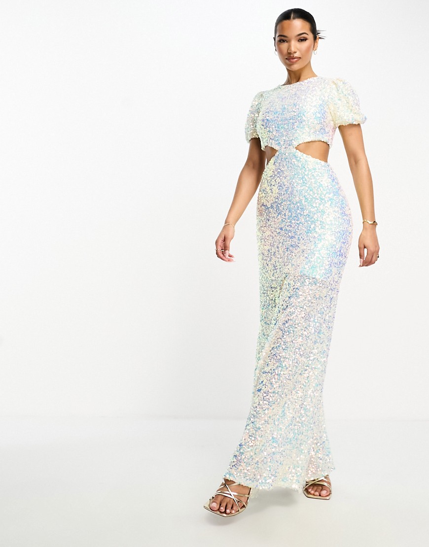 Something New cut out sequin maxi dress with puff sleeves in iridescent white