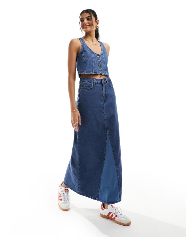 Something New - denim maxi skirt with contrast split front pannel co-ord in medium blue wash