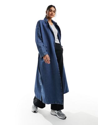 Something New Denim oversized longline trench coat in medium blue wash - ASOS Price Checker
