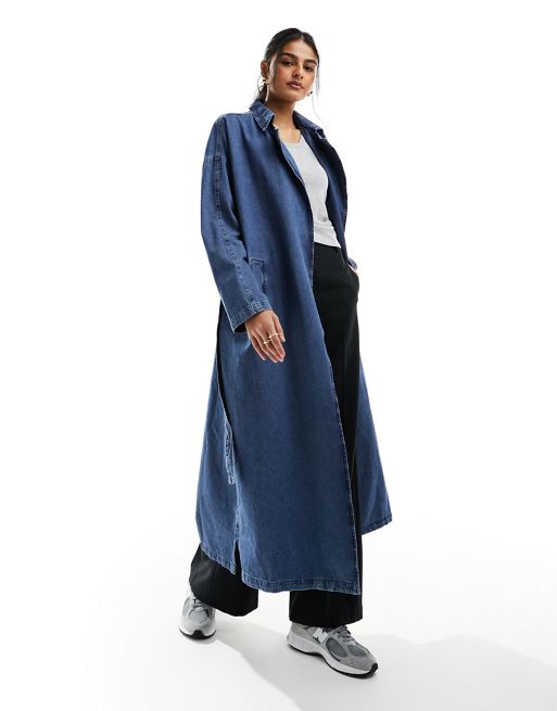 Something New Denim oversized longline trench coat in medium blue wash