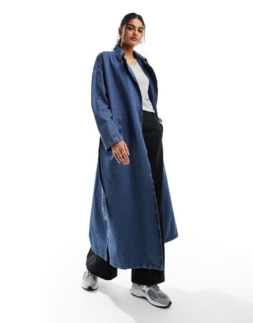 Something New denim oversized longline trench coat in medium blue wash