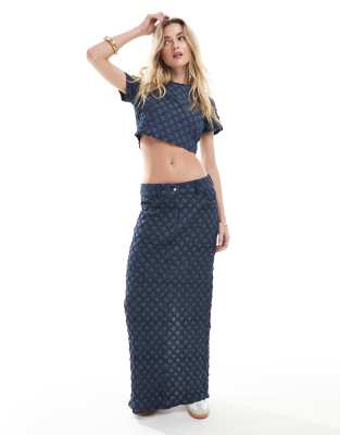 Something New denim textured maxi skirt with back split in dark indigo wash (part of a set)