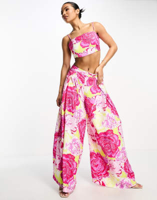 Something New Something New full leg pleat front trouser co-ord in neon rose print-Multi