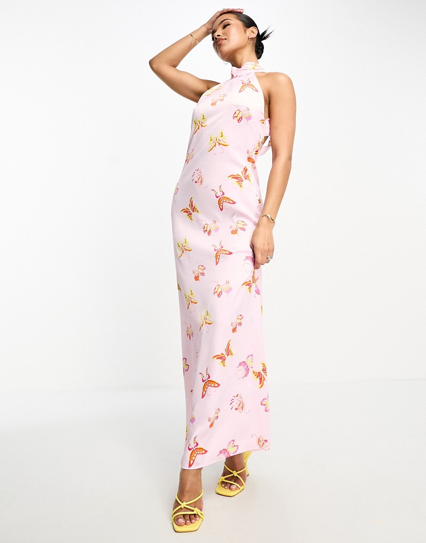 Something New halter neck open back satin maxi dress in candyfloss pink satin butterfly print