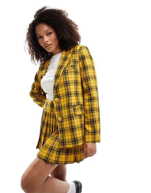 Something New iconic Clueless tailored blazer pleated mini skirt co ord in yellow check ASOS