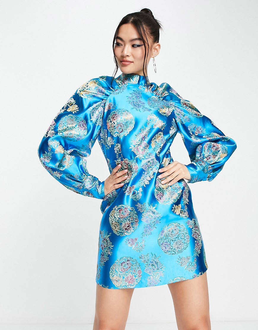 Something New jacquard mini dress with ruched volume sleeves in blue dragon print