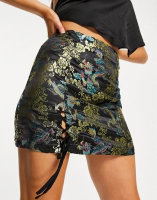 Something New jacquard mini skirt with tie side split in dragon print