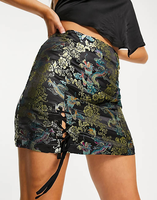 Something New jacquard mini skirt with tie side split in dragon print | ASOS